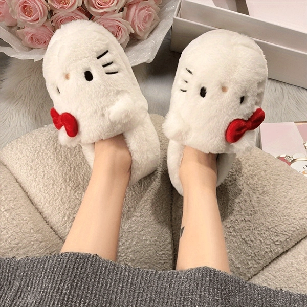 Sanrio Genuine Cute Hello Kitty 4-Ear Plush Slippers - Cartoon Character Design, Soft Flannel Fabric & Lining, Non-Slip TPR Sole, Warm and Comfortable House Shoes, Includes Professional Dry Cleaning Instructions