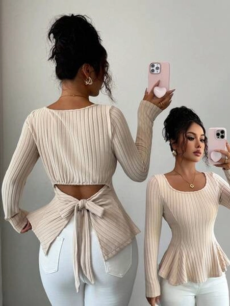Selianne Women's Solid Color Round Neck Long Sleeve Backless Twist Rib Casual T-Shirt Fall Cloth For Women