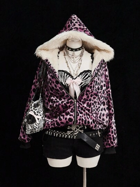 Sunspun Fashionable Leopard Print Velvet Hooded Faux Fur Lined Zip-Up Jacket