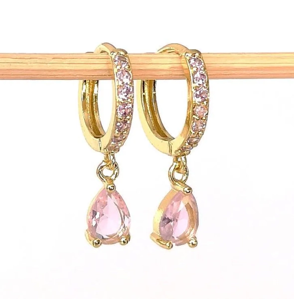 Light pink crystal teardrop huggies, rose cz dainty gold hoops, dangle drop gold huggie hoop earrings, minimalist jewellery gift for her