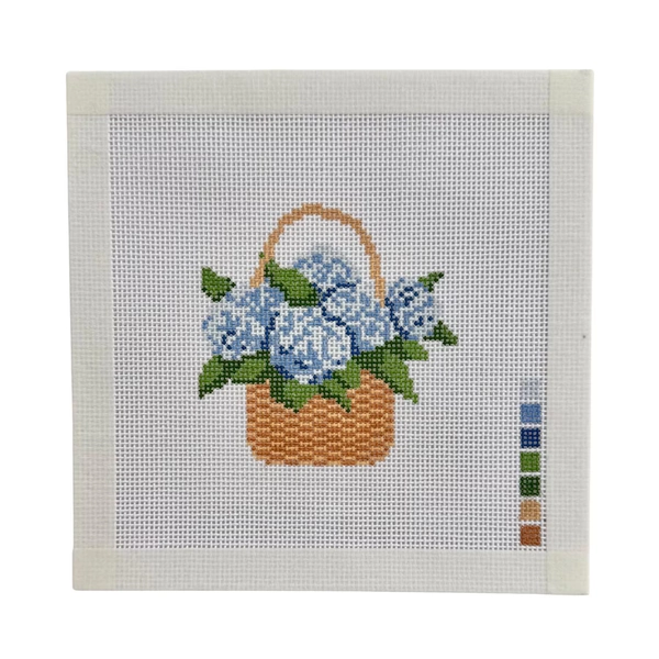 Handpainted Hydrangea Needlepoint Canvas | Blue Floral Basket Needlepoint | Flower Needlepoint Design | Hand Painted | 18 mesh