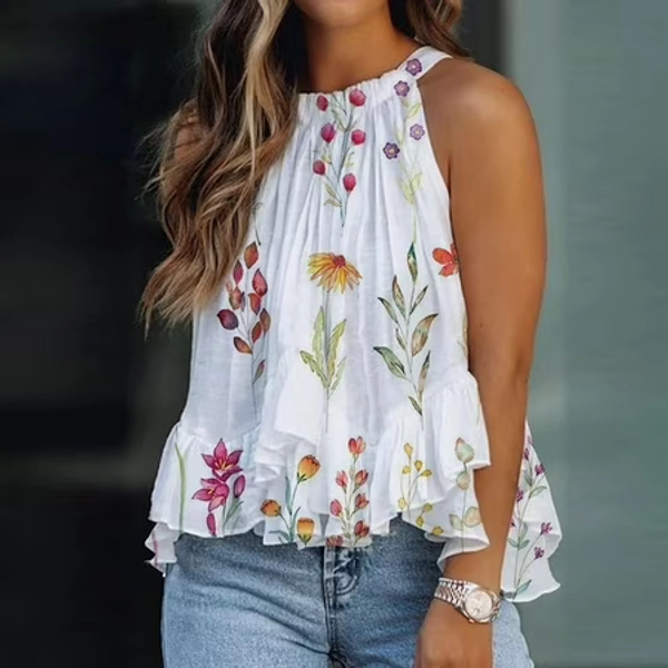 Pimelu Tank Top for Women Halter Tops for Women Summer Fashion Floral Pleated Ruffle Swing Strap Tunic Shirts Ladies Loose Comfy Sleeveless Blouses Womens Fashion
