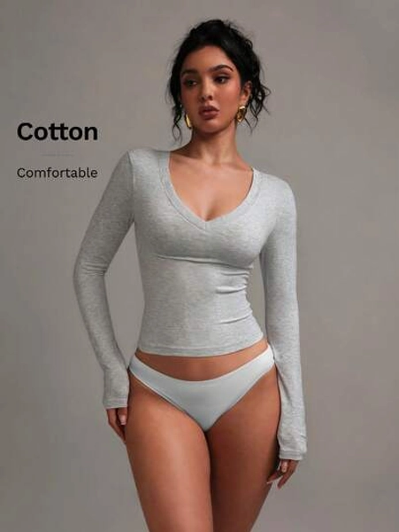 XLLAIS Women's Sexy V-Neck Elastic Grey Soft Casual Long Sleeve Cotton T-Shirt - Size XL