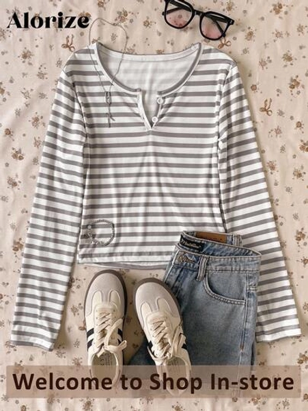 Girls' Casual Striped V-Neck Long Sleeve T-Shirt With Button Decor, Versatile For Walking, Shopping, Work, School, Travel & Outings, Can Be Paired With Jackets, Vests, Pants, Sweatpants
