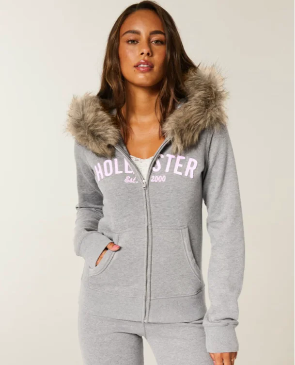 Faux Fur Trim Logo Graphic Zip-Up Hoodie