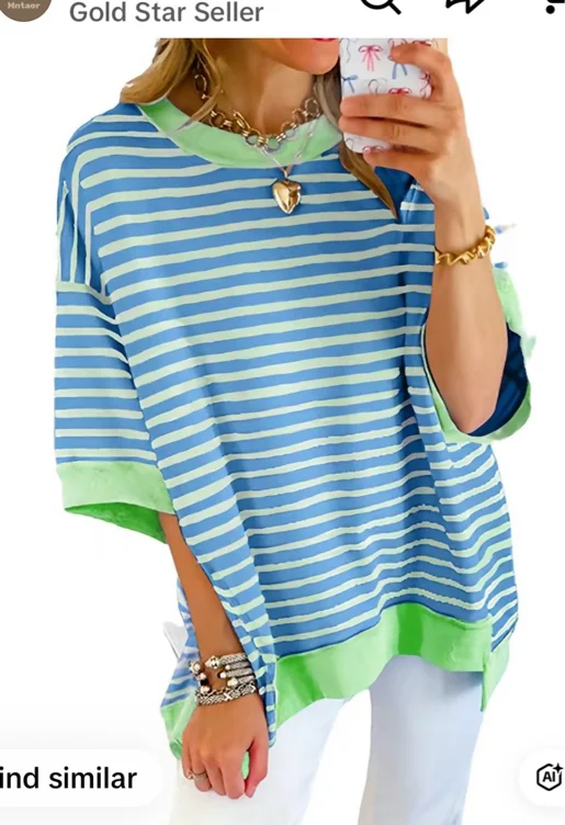 Mntaor Womens Oversized Striped Color Block Tees Half Sleeve - TikTok Shop