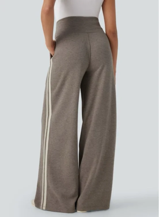 Ribbed High Waisted Tummy Control Drawstring Wide Leg Color Block Casual Pants with Pockets