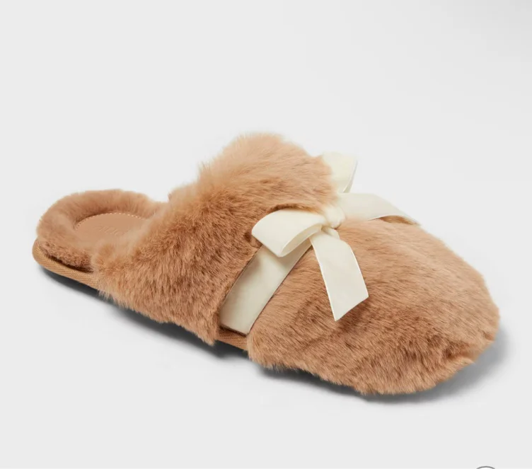 Brown slippers white bow 