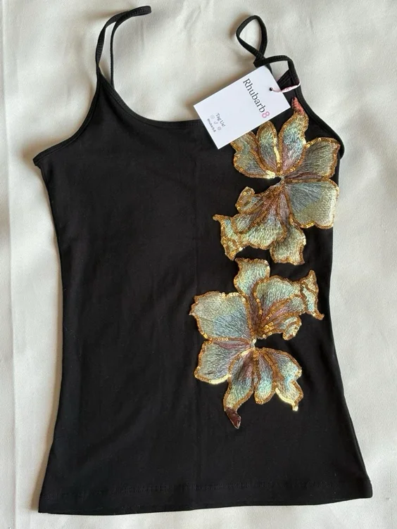 Embroidered sequin maple leaf tank top with spaghetti straps