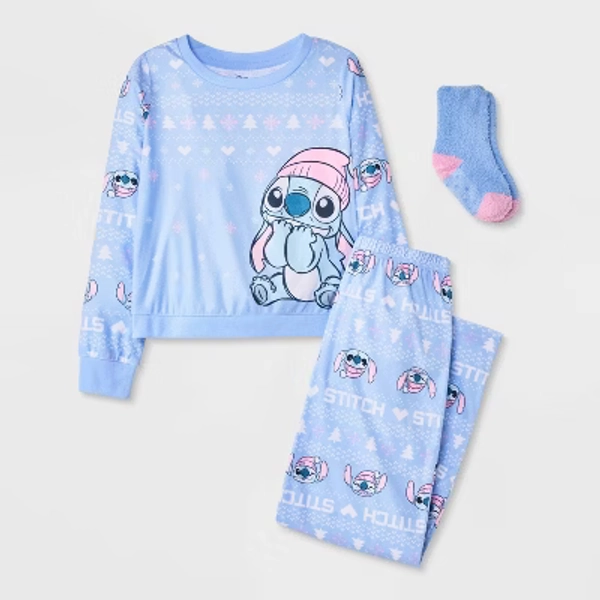 Girls' 2pc Lilo & Stitch Holiday Cozy Pajama Set with Socks - Blue S