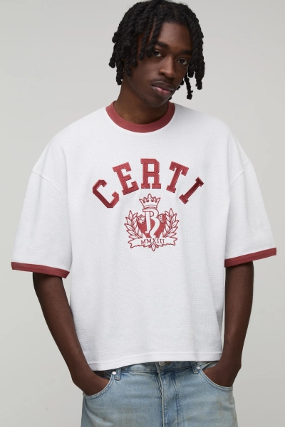 Oversized Boxy Certi Embroidered Ringer Waffle T-Shirt
