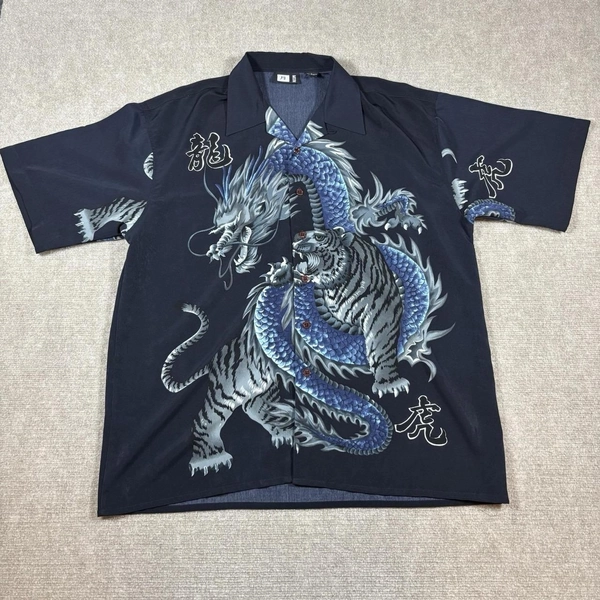 Moon Loop Collar Button Down Dragon Tiger Black AOP...