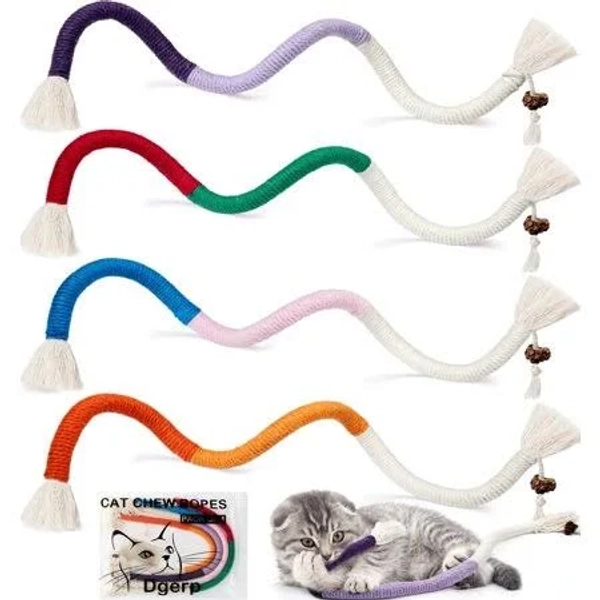 Cat Chew Ropes 4Pcs, Cat Toys for Indoor Cats with Refillable Natural Catnip, Safe Teeth Cleaning Chew Toys, Interactive Kitten Nip Toys and All