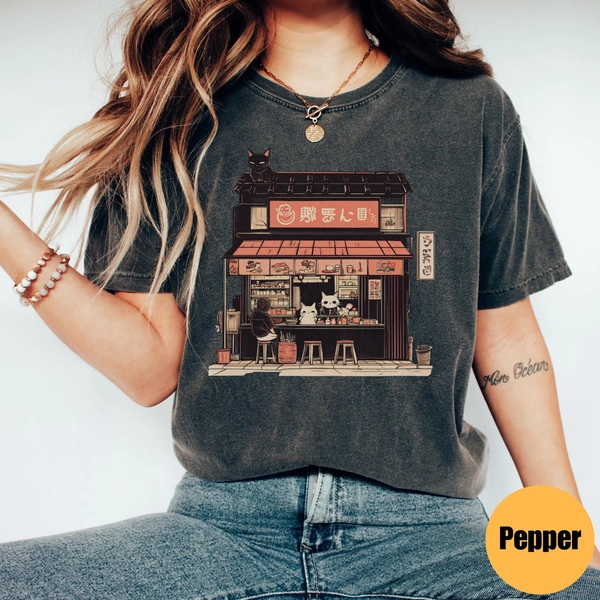 Cat Lover shirt, Ramen Shop Tee, Japanese Cat Shirt, Cute Animal Graphic Top, Kitty Design Apparel, Kawaii, Japanese noodle shop, Japan Tee