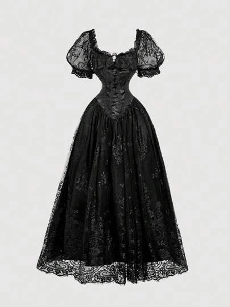 SHEIN MOD Elegant Gothic Black Floral Lace Dress For Autumn Holiday Dinner,Vintage Victorian Corset Bodice Puff Sleeve Square Neck Full-Length Evening Gown - Size S