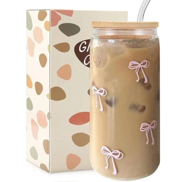 Gracie Oaks 16 oz Pink Bow Iced Coffee Cup