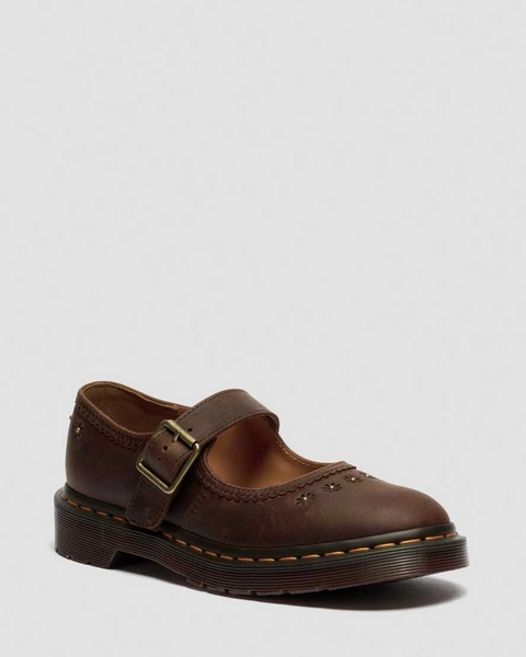 DR MARTENS Mary Jane Flower Crazy Horse Leather Shoes