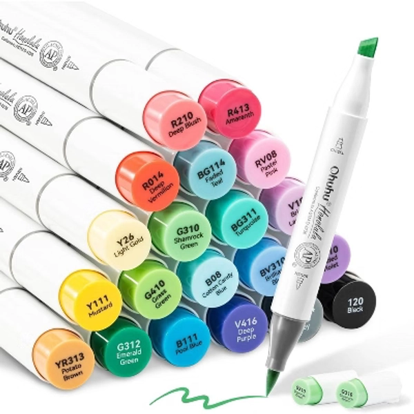 Ohuhu Alcohol Markers Brush Tip - Double Tipped Alcohol Based Markers - Brush Chisel Dual Tips - 24 Basic Colors of Ohuhu Markers Honolulu