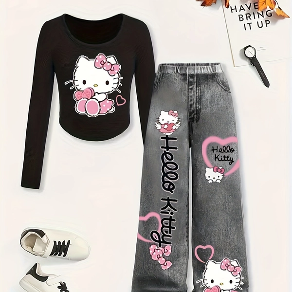 Hello Kitty Heart Bow Print T-Shirt + Imitation Denim Straight Pants Two-Piece Set, Sanrio, Perfect for Outdoor