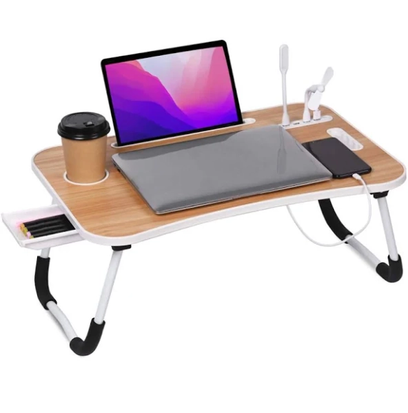 Inbox Zero Foldable Laptop Bed Desk with USB Charging Port, Cup Holder, and Storage Drawer