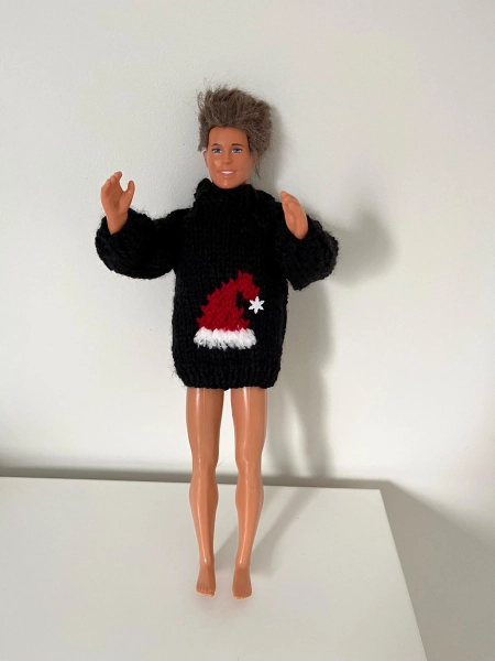 Hand Knit Ken Doll Sweater: Black Christmas Jumper