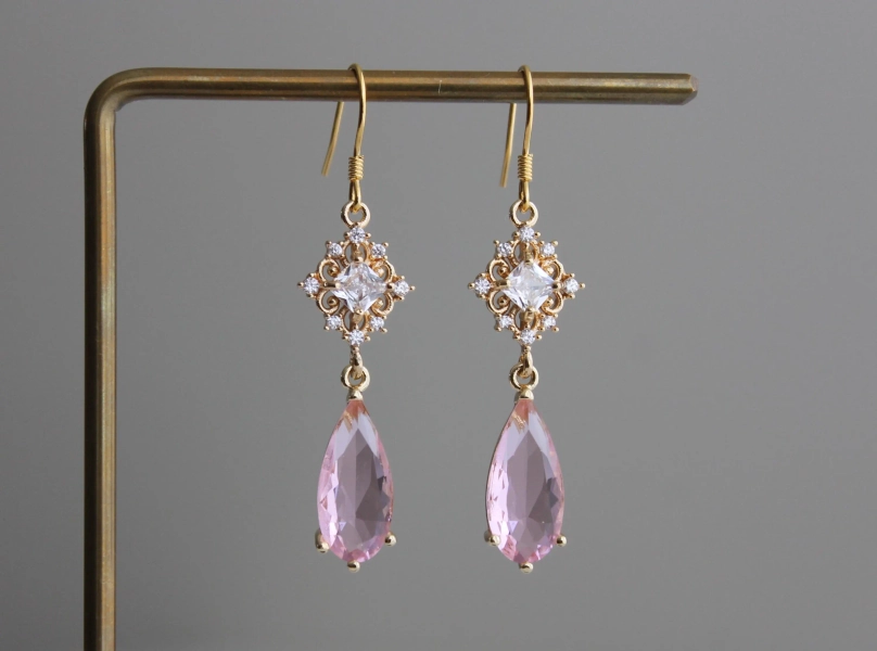 Gold plated pink teardrops earrings Wedding Occasion earrings