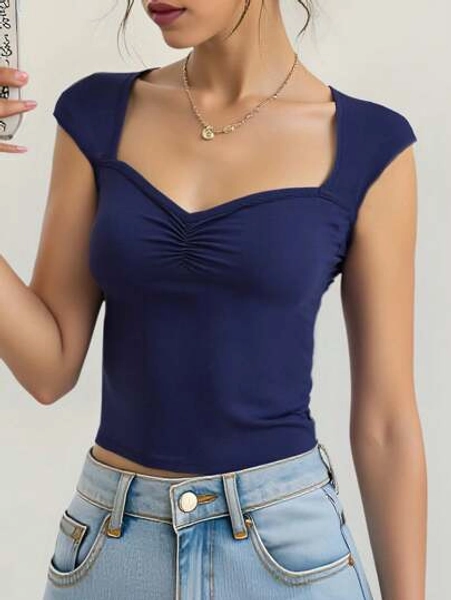 SHEIN Teen Girls Navy Blue Knit Solid Shirred Bust Sweet Girl Cute Shrugged T-Shirt, Back-To-School Outfit, Cute, Holiday Family Outdoor Spring Picnic Everyday Wear, Suitable For Various Occasions