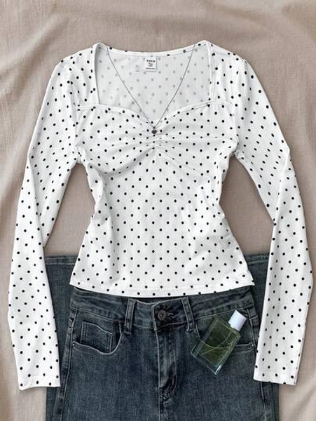 Teen Girls' Black & White Polka Dot Ruched Bust Fitted Long Sleeve Casual Minimalist T-Shirt