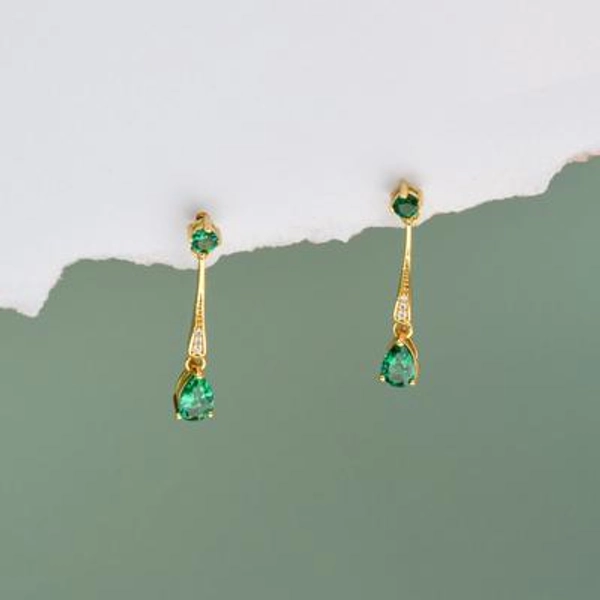 Genuine Emerald Art Deco Gold Earrings, Dainty Lab Dangle Vintage Jewellery