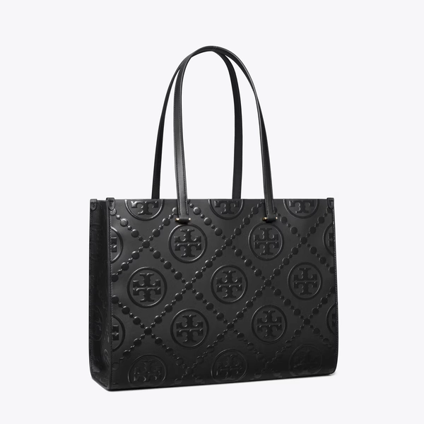 T Monogram Embossed Tote in black, size OS
