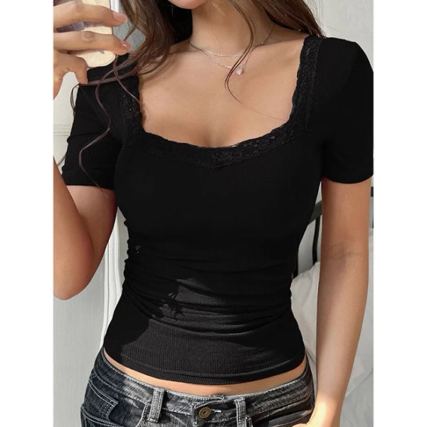 Y2k Lace Trim Slim Fit U-Neck Short Sleeve Tee