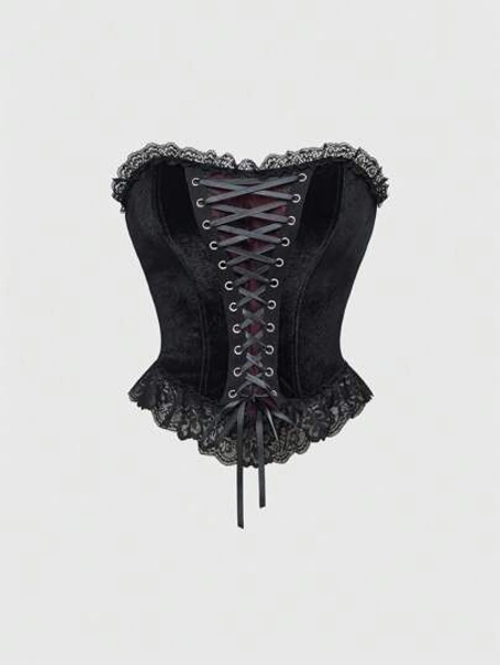 ROMWE Gothic Lace & Velvet Patchwork Strapless Bandeau Top, Halloween - Size S