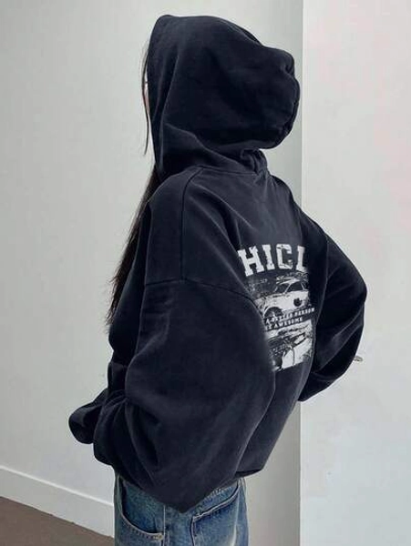 DAZY Letter & Race Car Print Hooded Long Sleeve Pullover Sweatshirt Fall/Winter