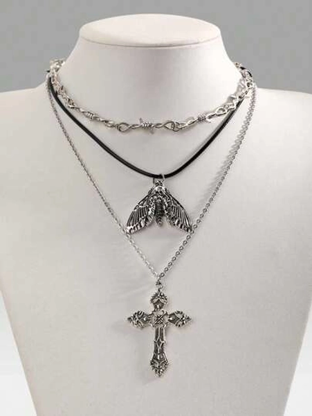 3pcs Vintage Gothic Dark Retro Luxury Punk Cross, Skull, Moth, Butterfly Pendant Layered Necklace Set, Thorns Choker, Beaded Collar Necklace, Boho Metal Neck Chain, Halloween