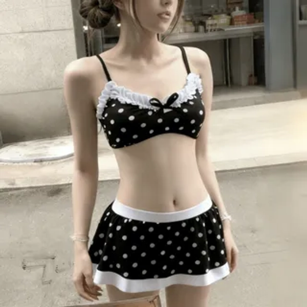 Set: Polka Dot Bikini Top + Swim Skirt + Panties