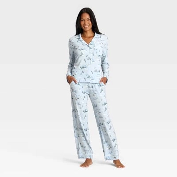 Women's Cloud Knit Modal Long Sleeve Notch Collar Top and Pants Pajama Set - Auden™ Blue 'Tis the Skison XS