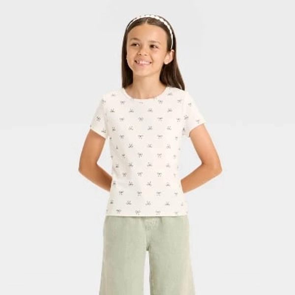 Girls' Short Sleeve Fitted Bow T-Shirt - Cat & Jack™ Cream XS