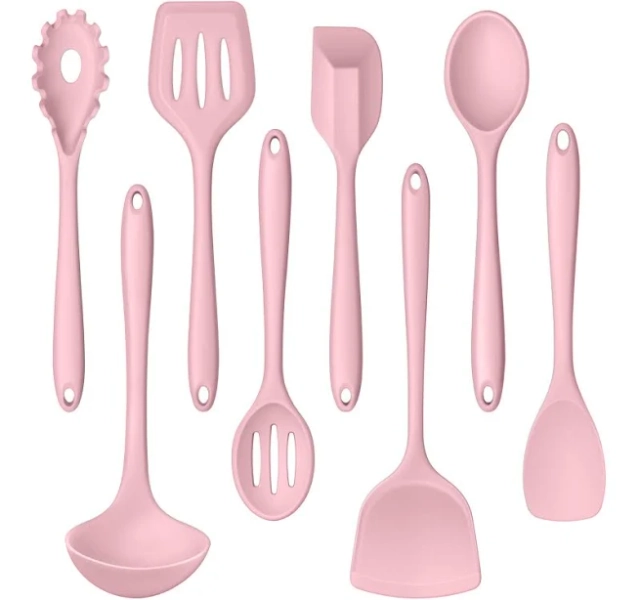 LIANYU Pink Silicone Cooking Utensils Set of 8, Non-Toxic Kitchen Utensils | Include Spatulas Spoons, Heat Resistant Non-Scratch Kitchen Tool, Healthy