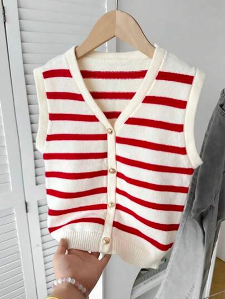 SHEIN Tween Girl Casual Minimalist Comfortable V-Neck Sleeveless Striped Metal Buckle Decor Sweater Autumn Winter Clothes For Women