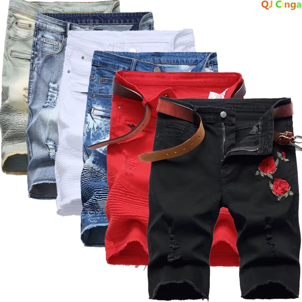 2026 Summer Men's Red Rose Embroidered Jeans Shorts, Fashion Casual Shorts Black Blue White Men Torn and Frayed Denim Shorts - AliExpress 200000343