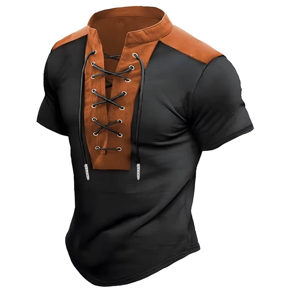 Men's retro-style drawstring short-sleeved T-shirt with color-blocked design, slim fit, fashionable polo shirt, unique style. - AliExpress 200000343