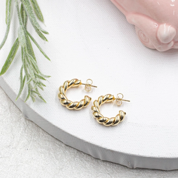 18K Gold Filled Croissant Hoops: Chunky Twisted Braid Earrings