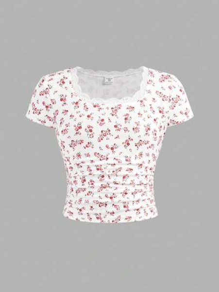 Tween Girls' Casual Vacation Home Spring/Summer Knitted Ribbed Mini Ditsy Floral Pattern U-Neck Lace Trim Gathered Waist Short Sleeve Crop Top