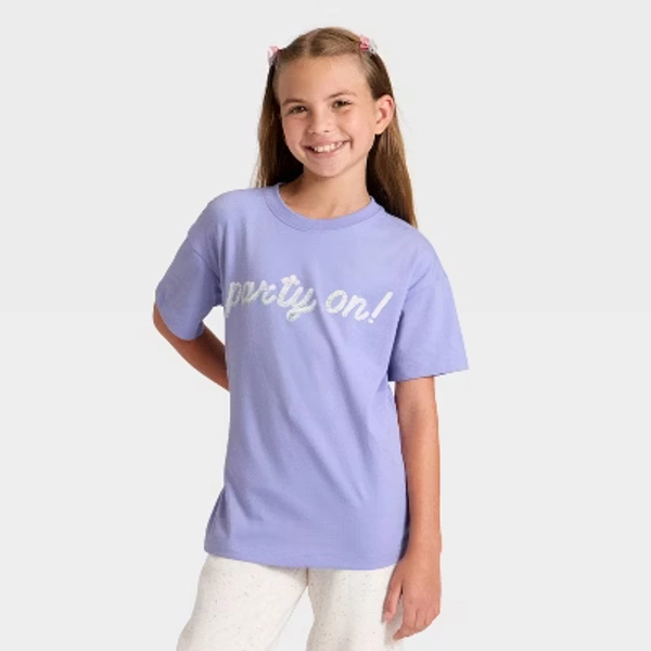 Girls' Short Sleeve 'Party On' Oversized Graphic T-Shirt - Cat & Jack™ Purple S