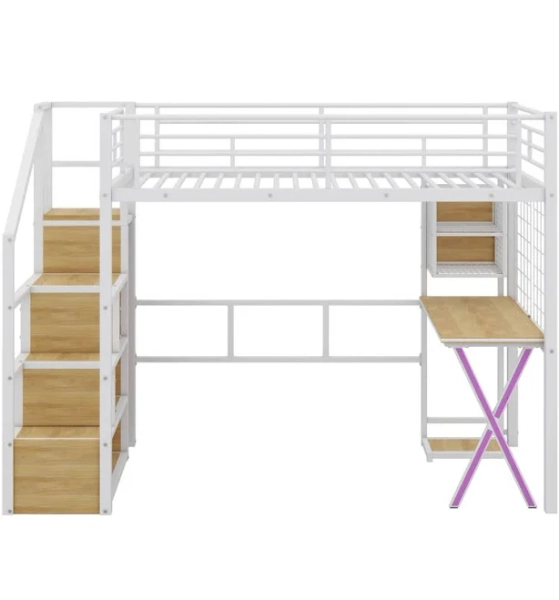 Metal Loft Bed with Integrated Workstation, Wardrobe, Storage Stairs, and LED Lighting