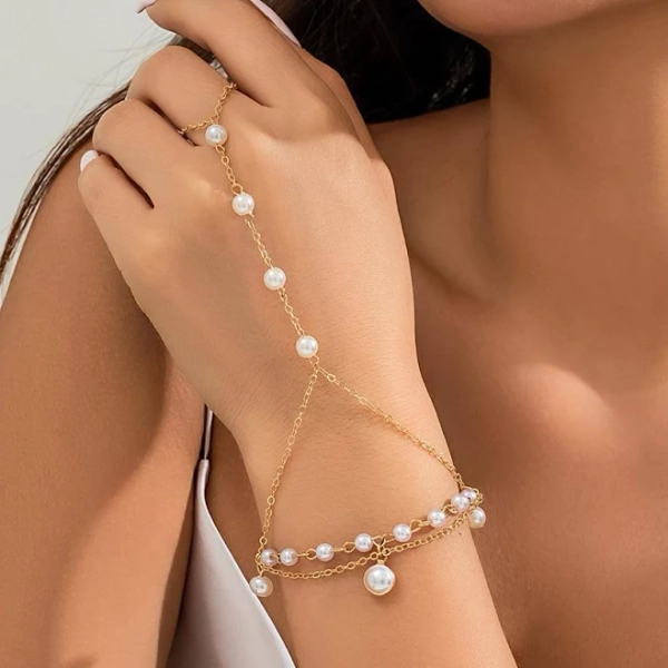 Kpop Multilayer Imitation Pearl Link Chain Connected Finger Ring Bracelets