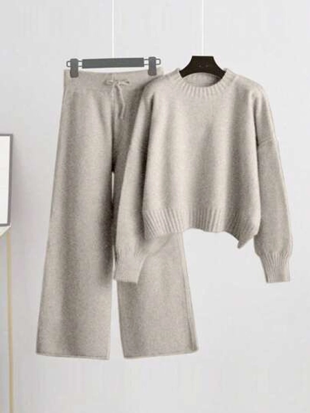 Franclia Drop Shoulder Sweater & Drawstring Waist Knit Pants, 2 Pieces Sweater Set Fall Winter Cloth For Women