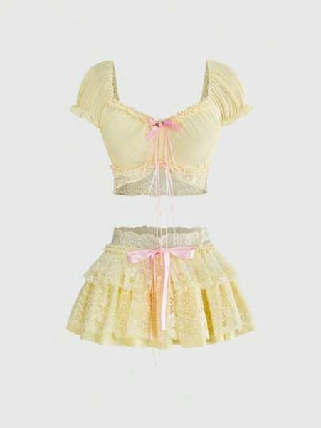 Sweetness Women's Romantic Sweet Coquette Off-Shoulder Lace Bow Ribbon Decor Multi-Layer Cake Skirt & Ultra Cropped Top 2-Piece Set - Size S