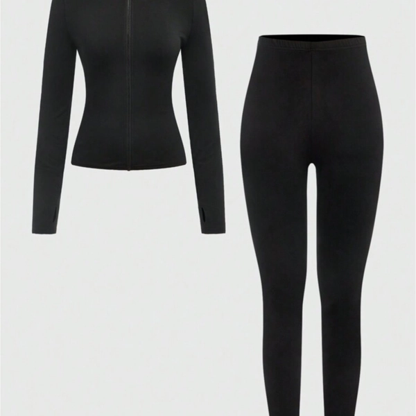 Teen Girl's Fashion Casual Sporty Zip-Up Slim Fit Long Sleeve Top + Pure Black Long Pants Two-Piece Set, Perfect for Outdoor, for Teenager