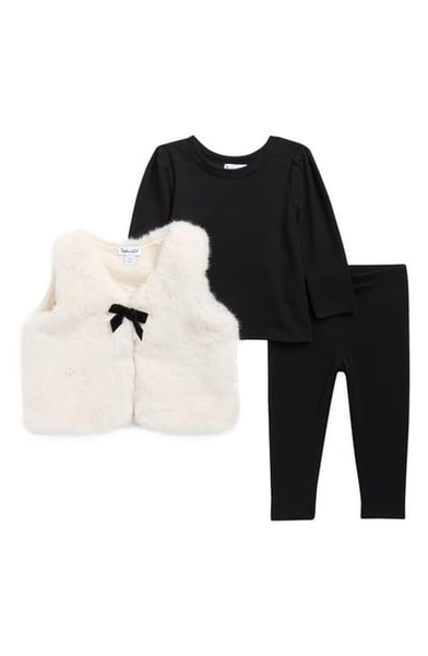 Splendid Long Sleeve T-Shirt, Faux Fur Vest & Leggings Set in Silver at Nordstrom, Size 12-18M
